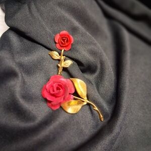 Red Rose Branch Brooches - Gold Tone Stem